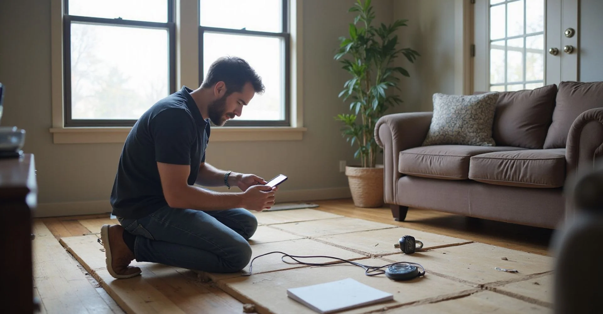 Technician taking relative floor elevation readings with a digital manometer in an Austin living room
