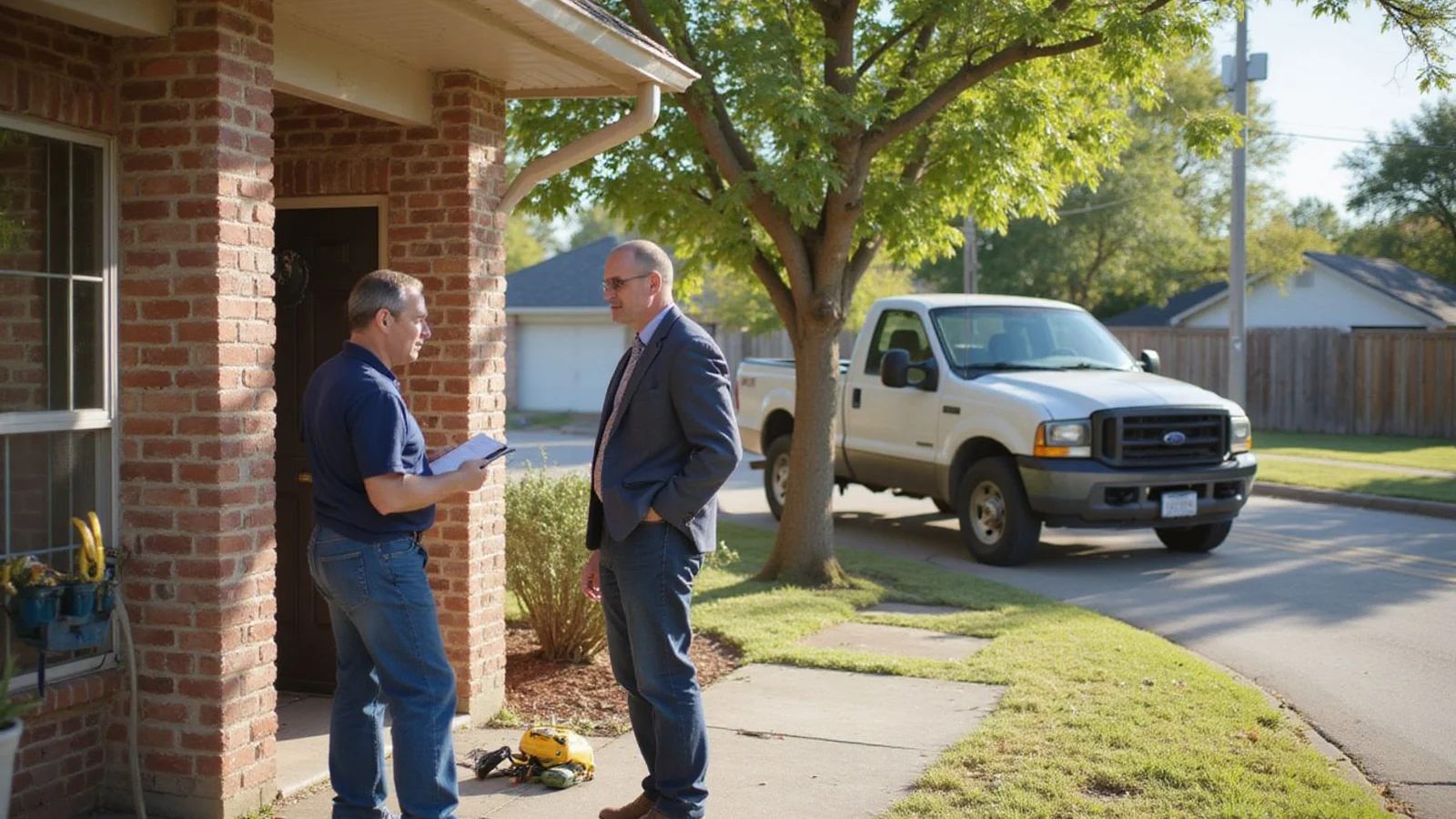 Two people talking beside a Central Texas brick home, with a clipboard and measuring tools set down nearby