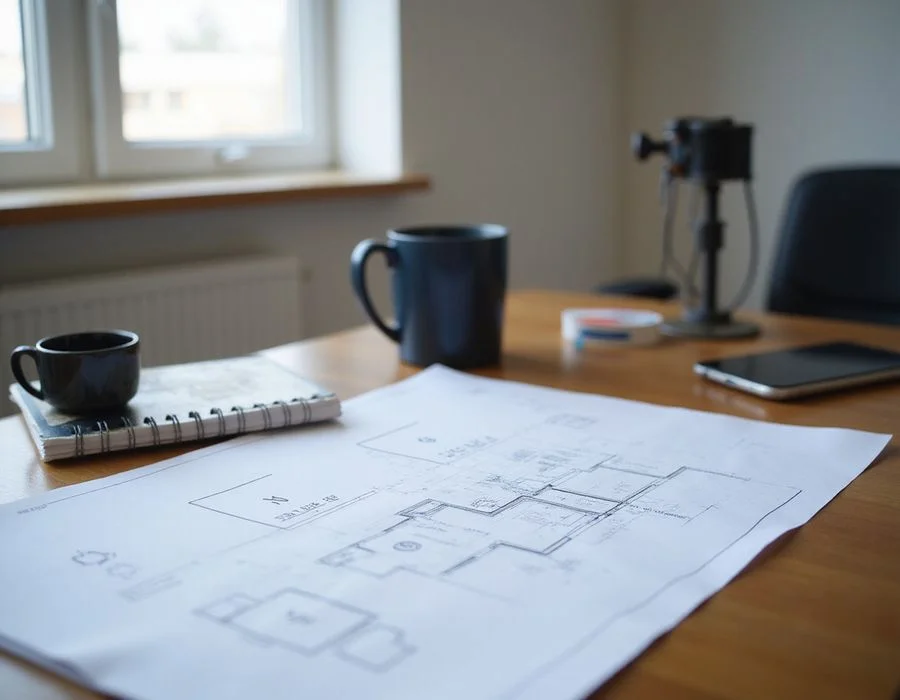 Work table with a floor plan, elevation readings notebook and a digital manometer