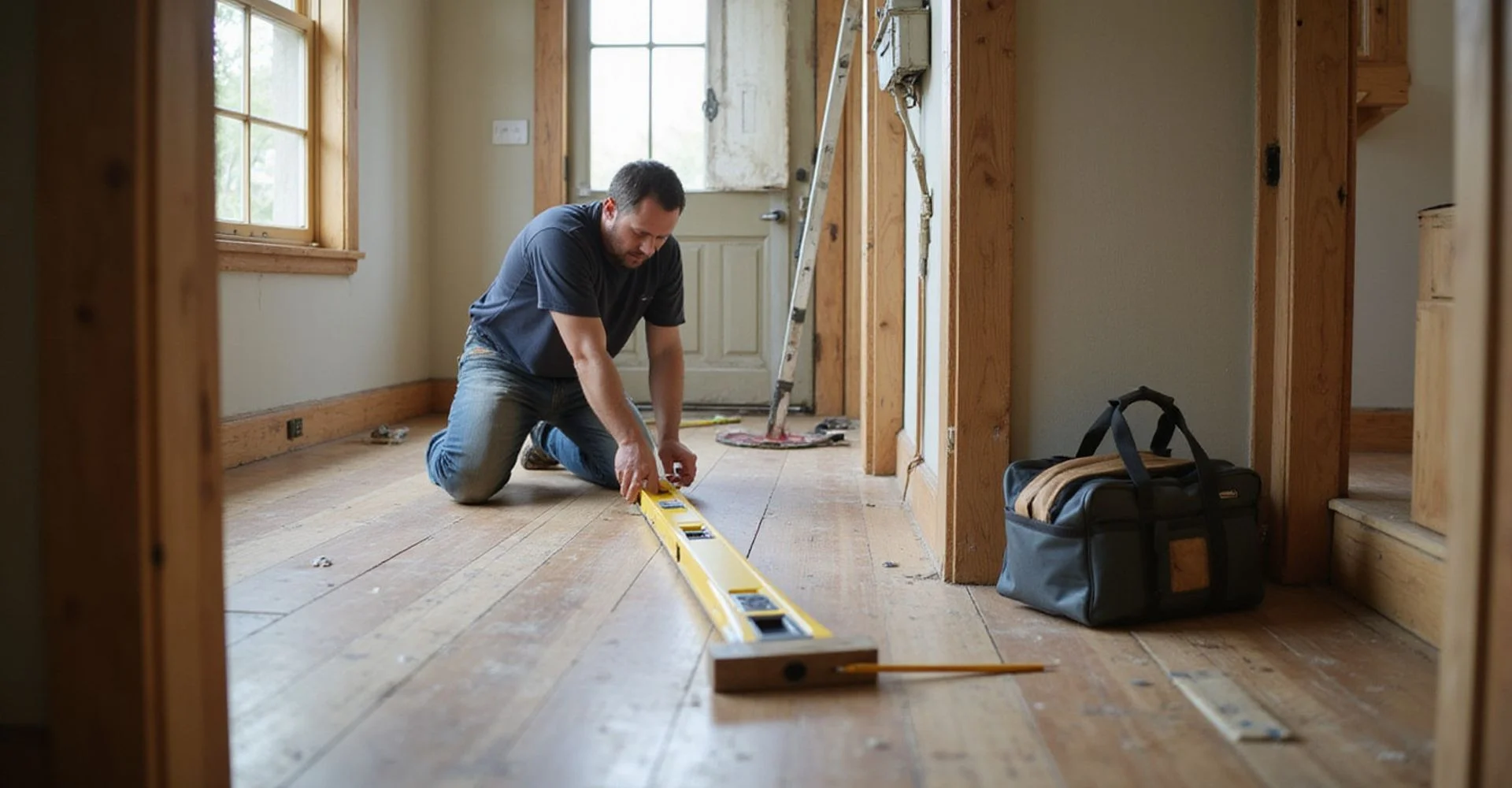 Worker checking a long level across a hardwood floor in an older Austin home during a leveling adjustment