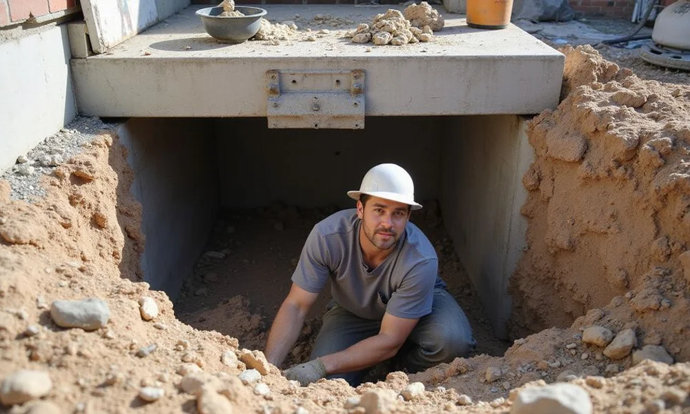 Worker in an excavated access pit beside a residential slab, preparing to place a support beneath the grade beam