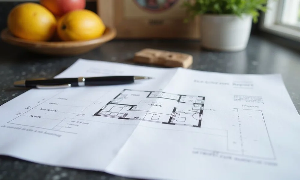 Written elevation report with a floor plan and recorded readings resting on a kitchen counter